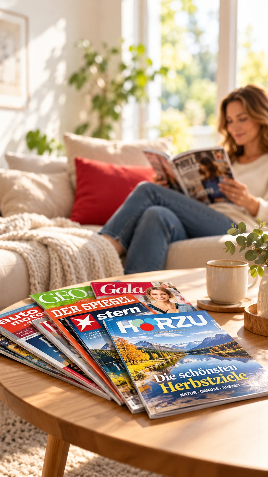Frau liest auf dem Sofa eine Zeitschrift, auf dem Tisch liegen aktuelle Zeitschriften aus dem Lesezirkel